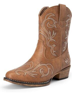 Women's Tan Western Ankle Boots Cowgirl Square Toe Chunky Embroidered Boots